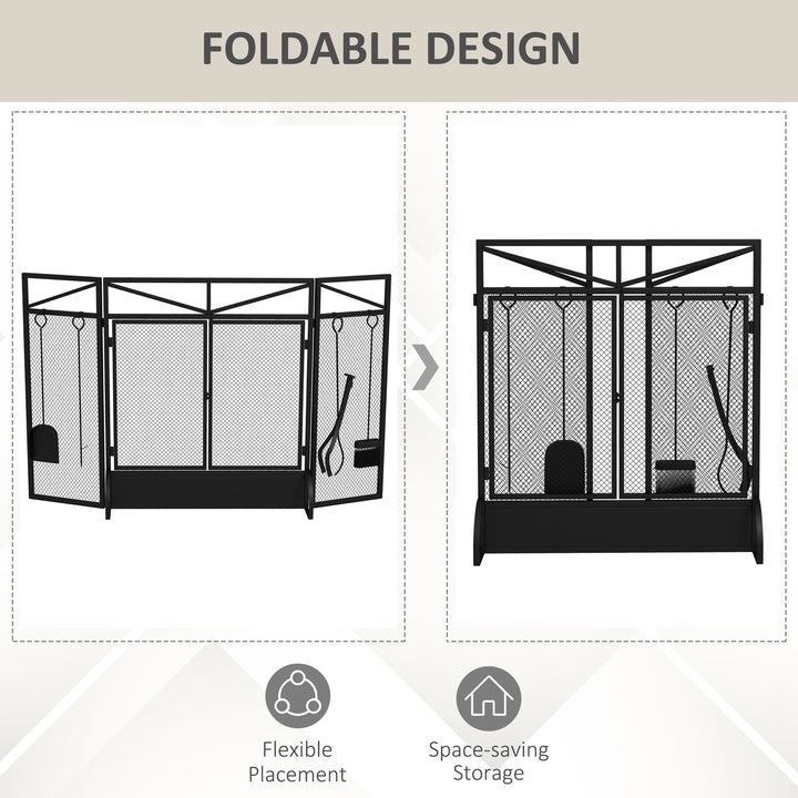 3 Panel Folding Fire Guard Screen with Fireplace Tool Sets and Front Doors, Freestanding Fire Screen Spark Guard with Feet for Open Fire, Log Burner, Fireplace, 122 x77 cm, Black