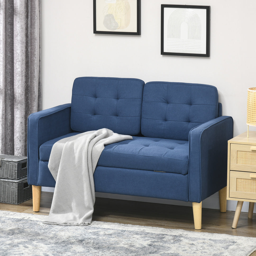Modern Loveseat Sofa, Compact 2 Seater Sofa with Hidden Storage, 117cm Tufted Cotton Couch with Wood Legs, Blue