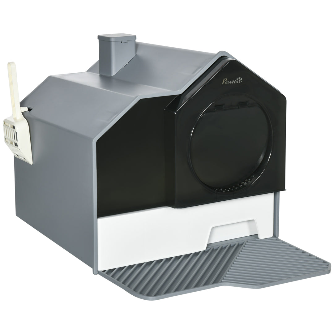 Hooded Cat Litter Tray with Scoop, Cat Litter Box with Drawer Pan, Handle, Deodorants, Hut Design, Front Entrance, 47 x 45 x 42cm - Grey