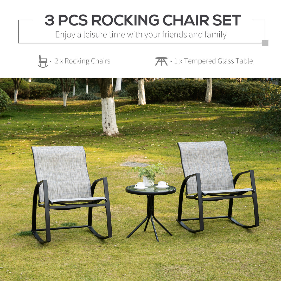 Outsunny Outdoor Patio Bistro Set with 2 Rocking Chairs & Tempered Glass Table, Ideal for Garden, Porch, Poolside, Grey