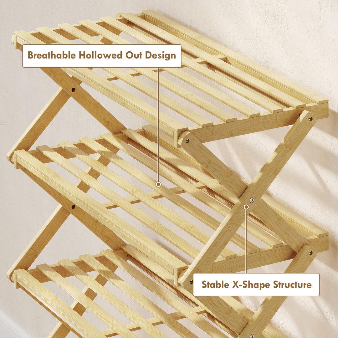 Five-Tier Folding Bamboo Shoe Rack - Natural Finish