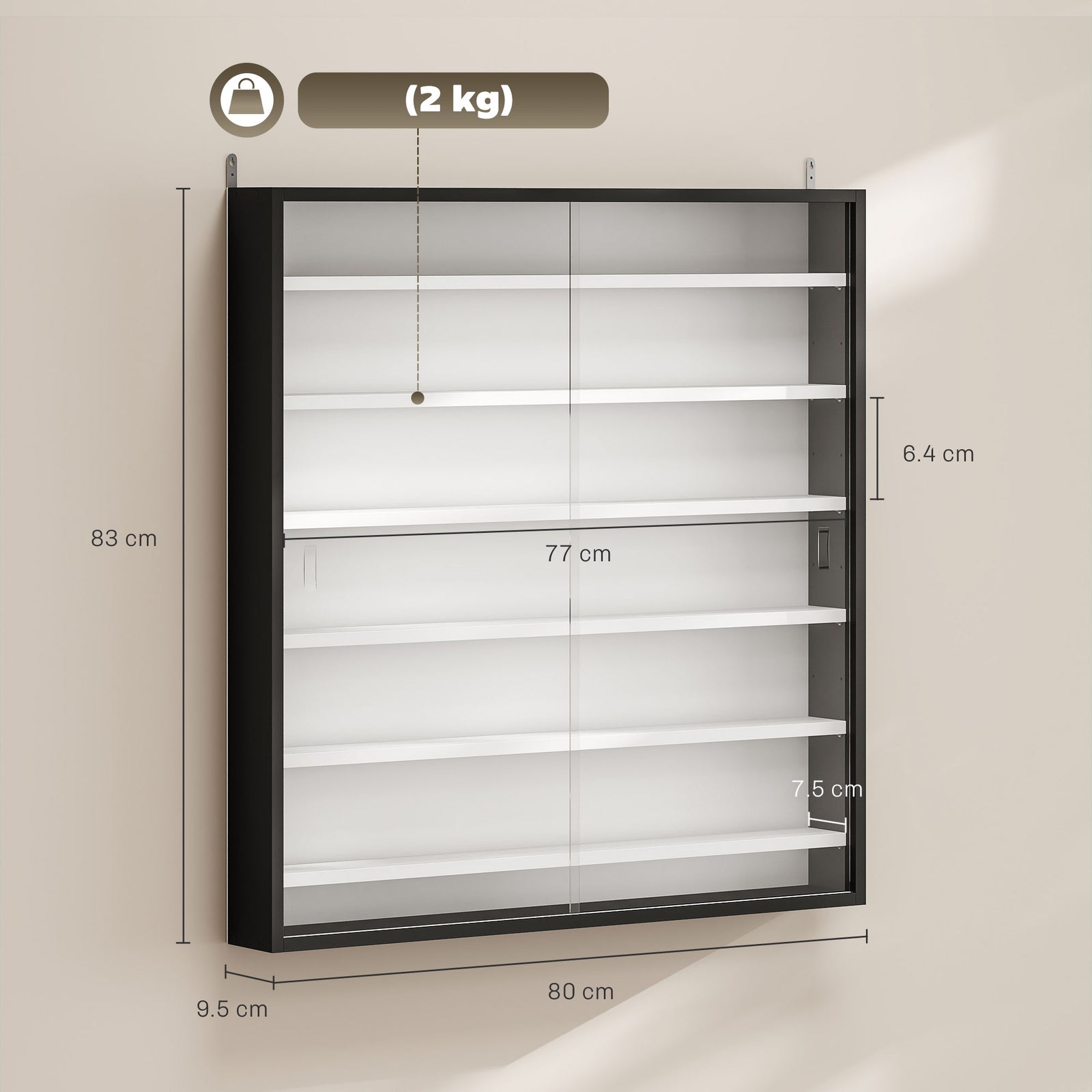 Six Shelf Display Cabinet, with Glass Doors - Black and White