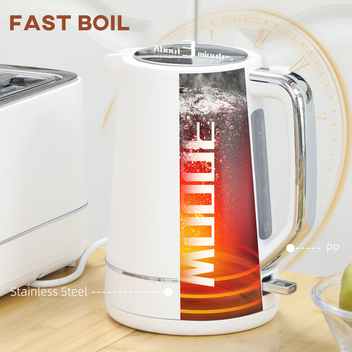 Kettle and Toaster Set, 1.7L 3000W Fast Boil Kettle & 2 Slice Toaster Kitchen Set with 6 Level Browning Controls, Defrost, Reheat, White