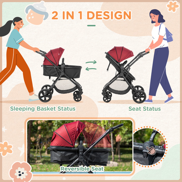 HOMCOM 2 in 1 Reversible Seat Pushchair, Lightweight, Foldable Travel Stroller, Fully Reclining, 5-point Harness, Red