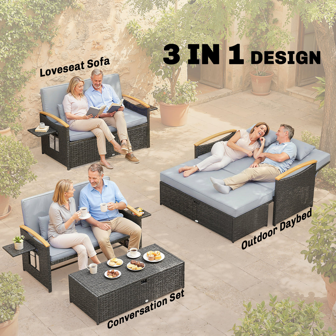 Double Garden Rattan Daybed, Wicker Sun Bed Chaise Lounger with Storag