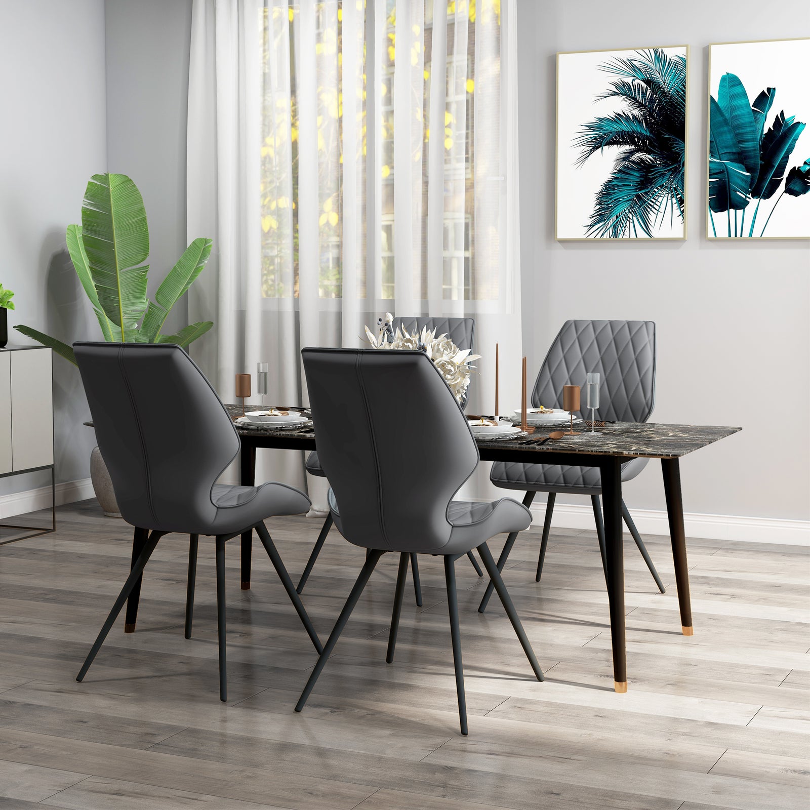 Set of 4 Dining Chairs, Kitchen Chairs with Metal Legs, PU Leather Seat and Backrests, Grey
