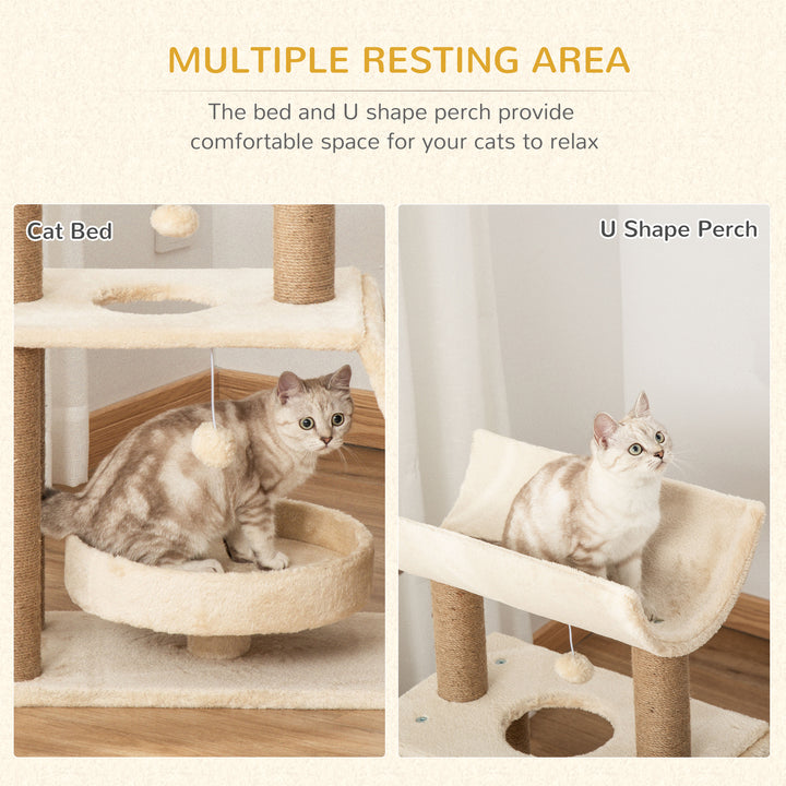 Cat Tree Tower, with Scratching Posts, Pad, Bed, Perch, Toy Ball - Light Brown