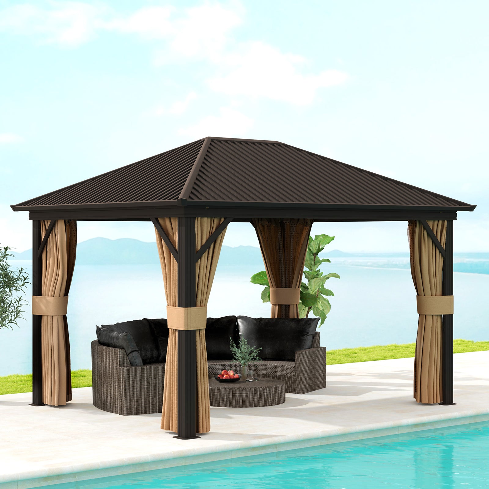 3.6 x 3 m Aluminium Hardtop Gazebo, with Accessories - Brown