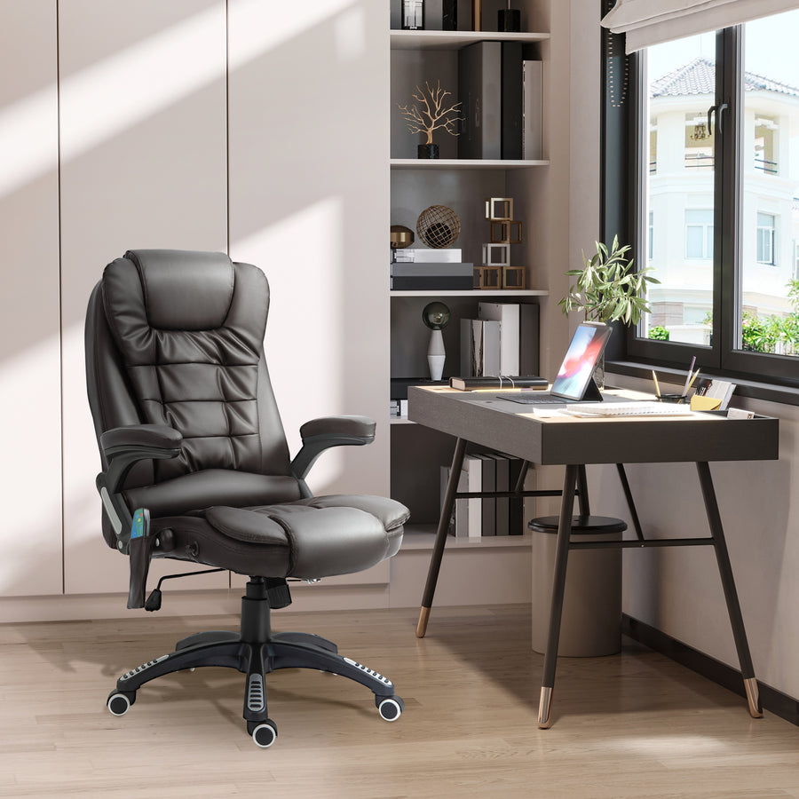 6-Point Massage Office Chair with Seat Heated for Home Office, PU Leather High Back Executive Desk Chair with Adjustable Height and 360° Swivel for Work Study, Brown