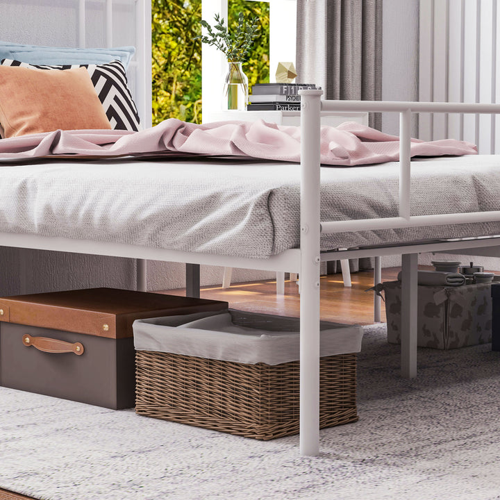 Double Metal Bed Frame Solid Bedstead Base with Headboard and Footboard, Metal Slat Support and Underbed Storage Space, Bedroom Furniture, White