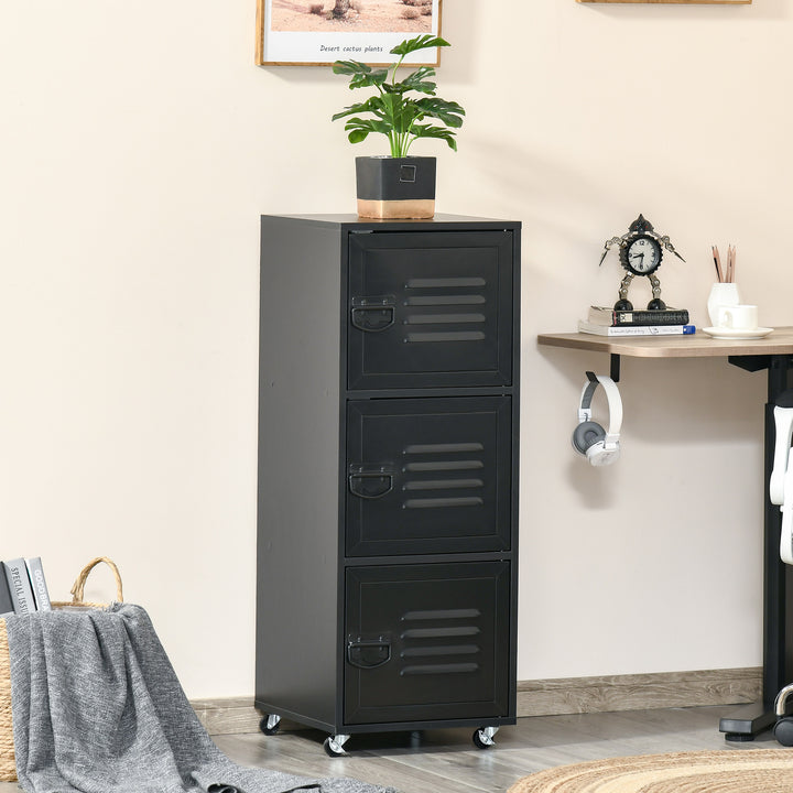 MCL Rolling Storage Cabinet 3-Tier Mobile File Cabinet with Wheels & Metal Doors for Home Office, Living Room, Black