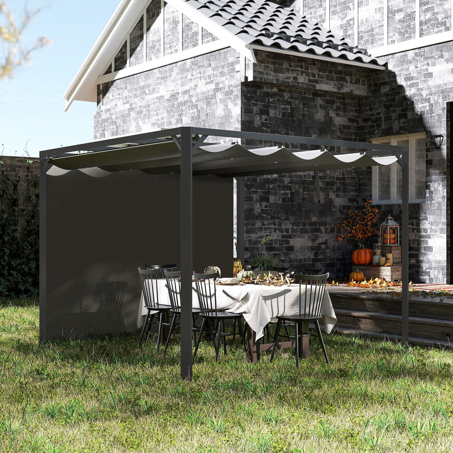 3 x 3m Aluminium Pergola, with Retractable Roof and Wall - Dark Grey