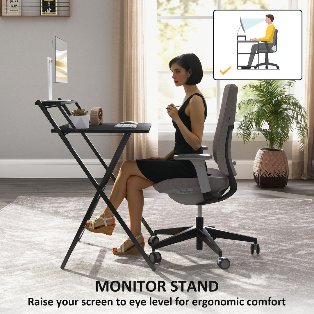 70 cm Folding Computer Desk with Monitor Shelf - Black