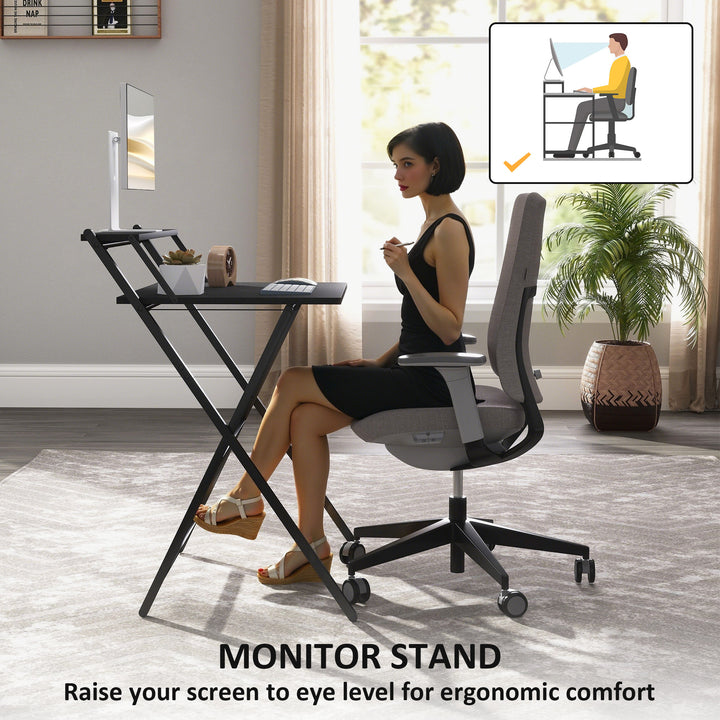 70 cm Folding Computer Desk with Monitor Shelf - Black