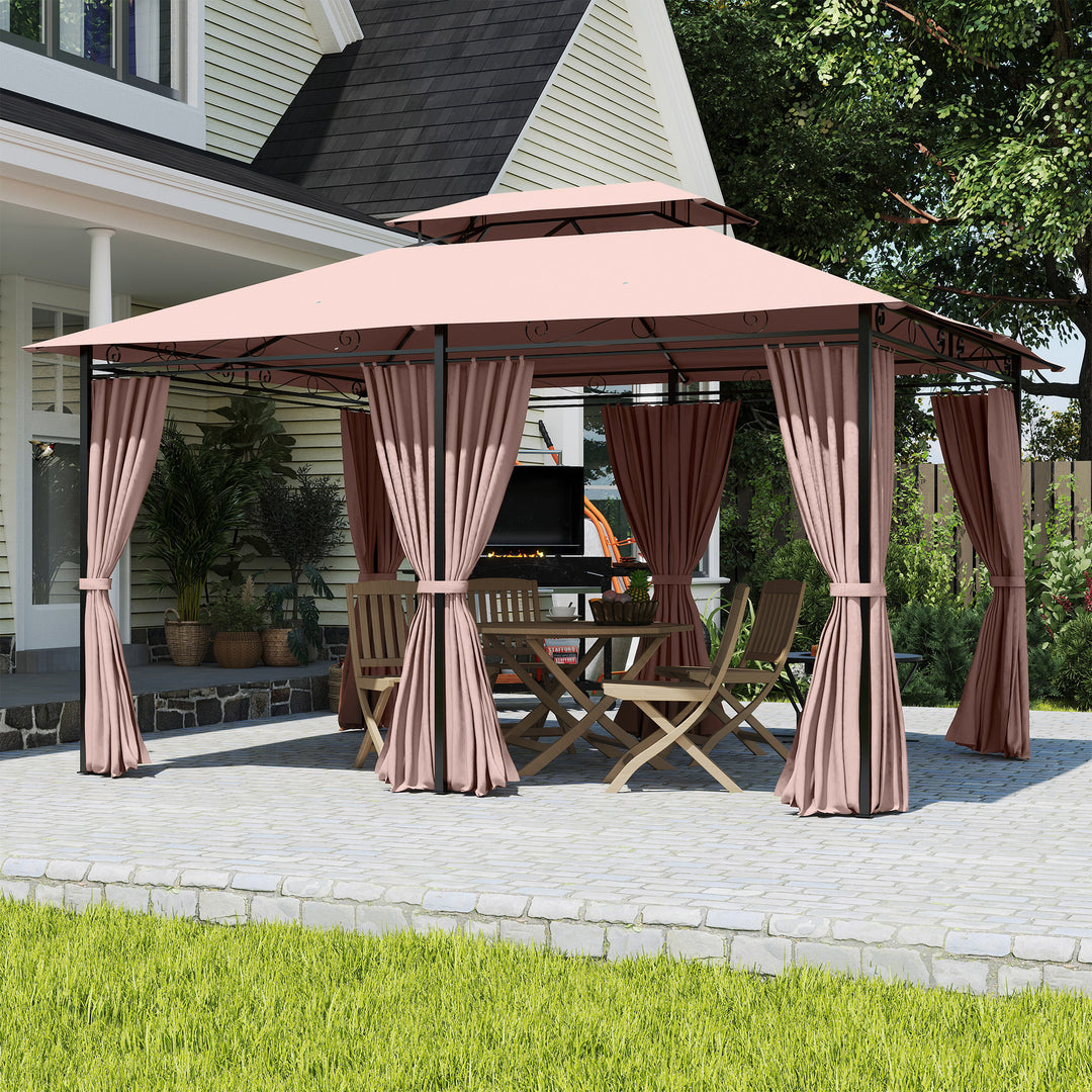 4m x 3(m)Garden Gazebo, Double Roof Outdoor Gazebo Canopy Shelter with Curtains, Solid Steel Frame for Patio, Garden, Brown