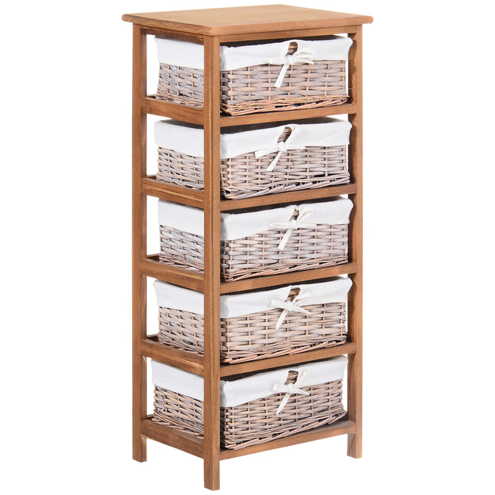 HOMCOM Wicker Basket Dresser, 5 Drawer Storage Shelf Unit with Wooden Frame for Home Organisation, Natural Finish | Aosom UK