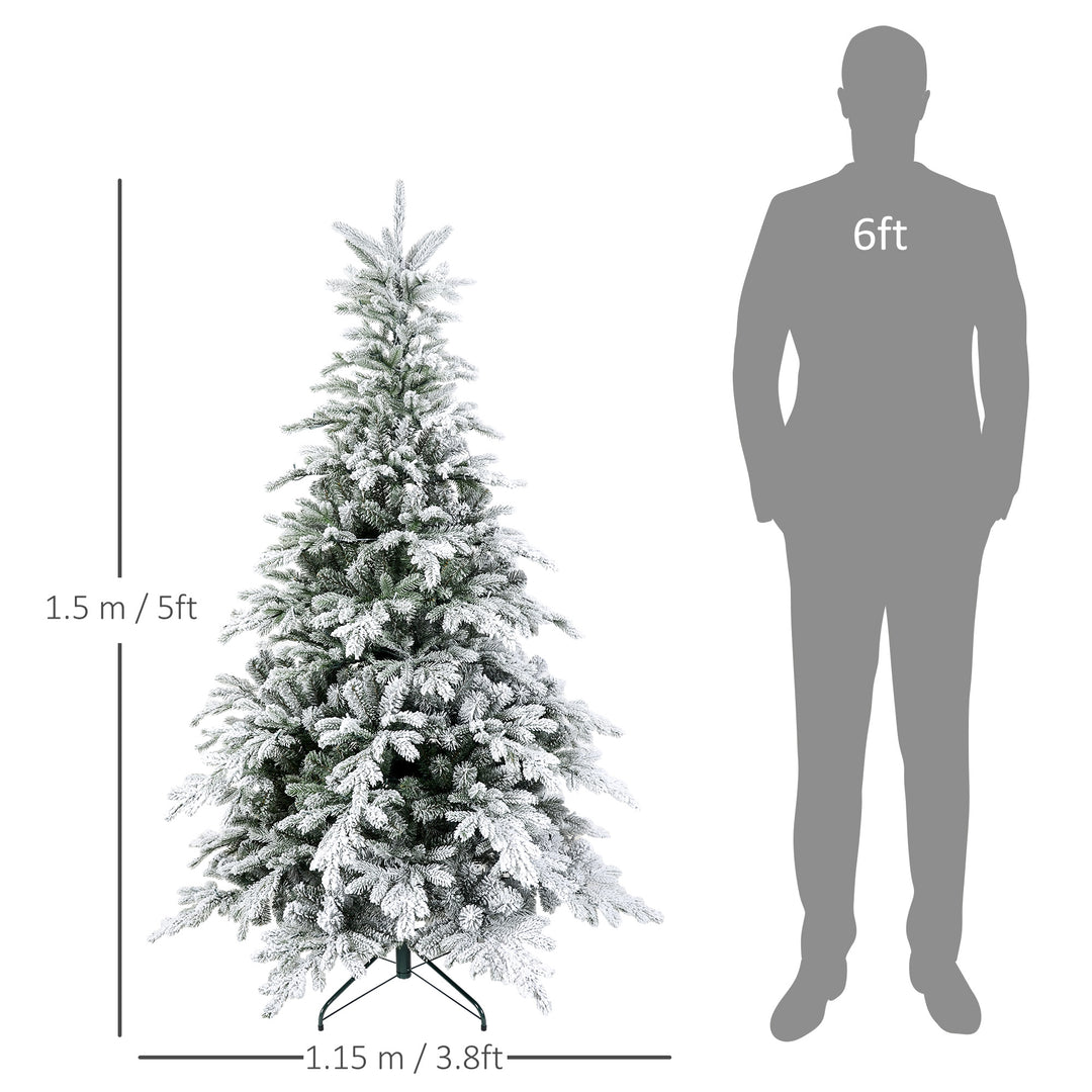 HOMCOM 5ft Prelit Snow Flocked Artificial Christmas Tree with Warm White LED Light and 931 Tips, Metal Base, Snowy Realistic Xmas Tree