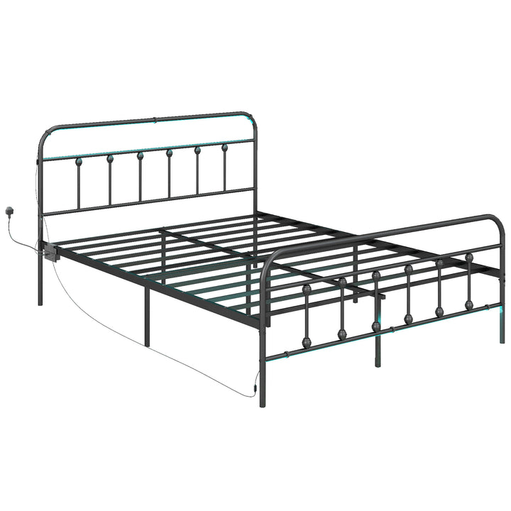 Double Bed Frame with LED Lights and Charging Station, Metal Platform Bed Frame with Under Bed Storage, Black
