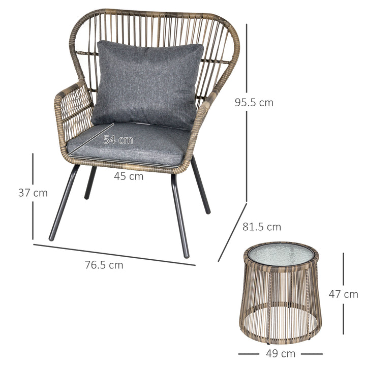 3 Pieces Rattan Bistro Set, Wicker Garden Furniture Set with Cushions, Glass Top Coffee Table and Chairs for Outdoor, Patio, Balcony, Grey