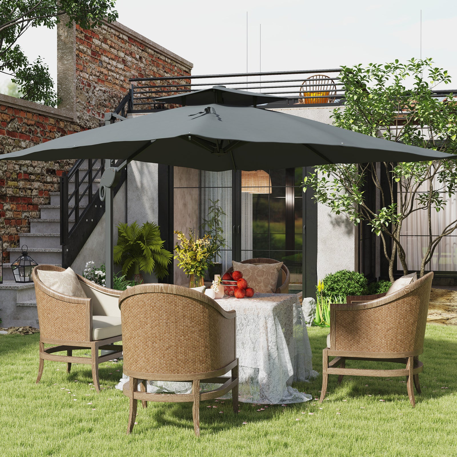 3m Thick Fabric Cantilever Garden Parasol, with Cross Base - Grey