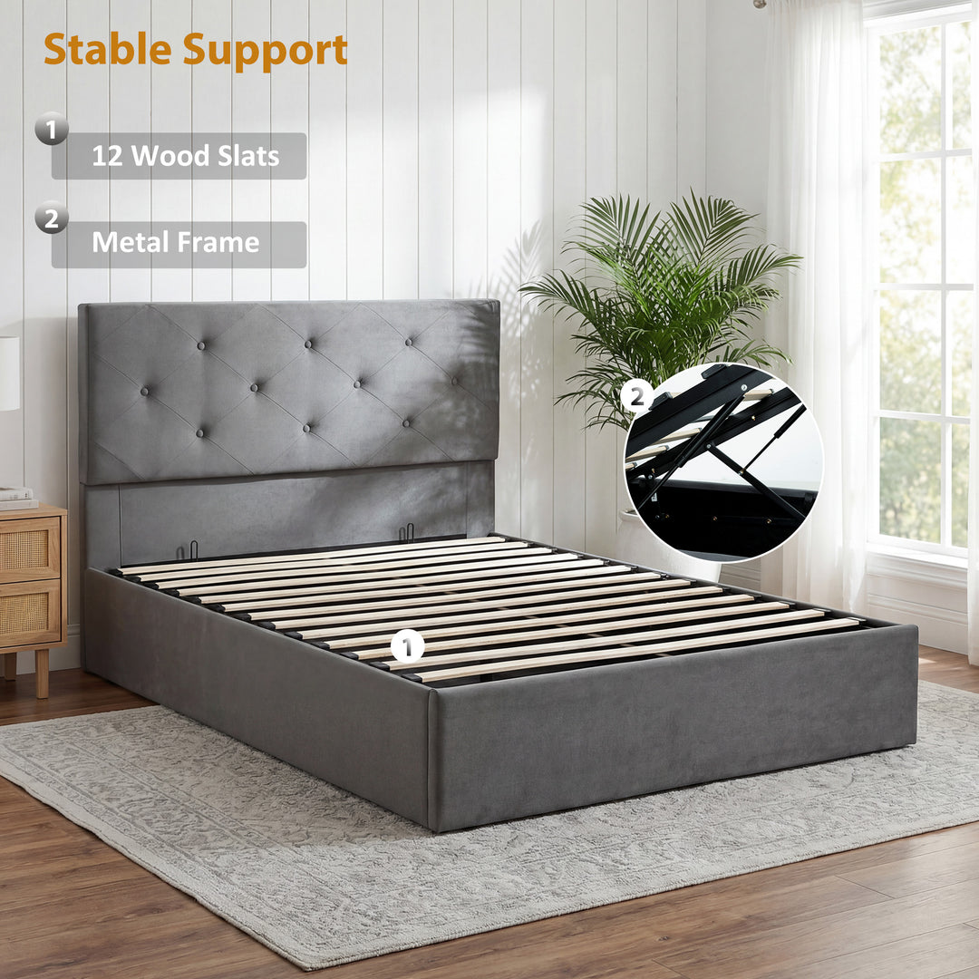 Double Bed Frame Gas End Lift Under Bed Storage Upholstered Platform B