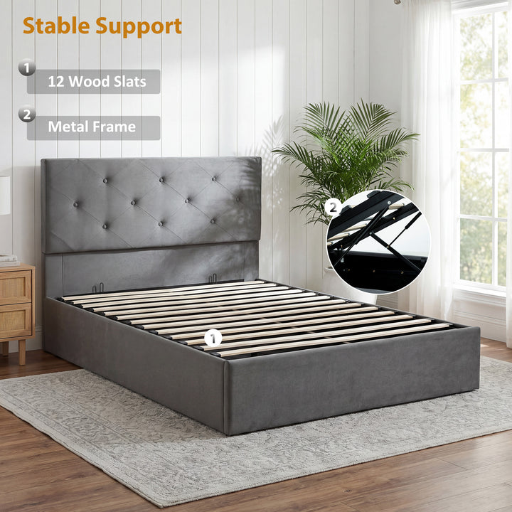 Double Bed Frame Gas End Lift Under Bed Storage Upholstered Platform B