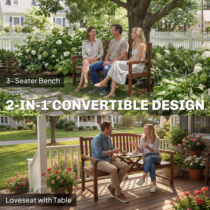 Garden Loveseat Bench, 2-3 Seater Outdoor Bench with Liftable Table an