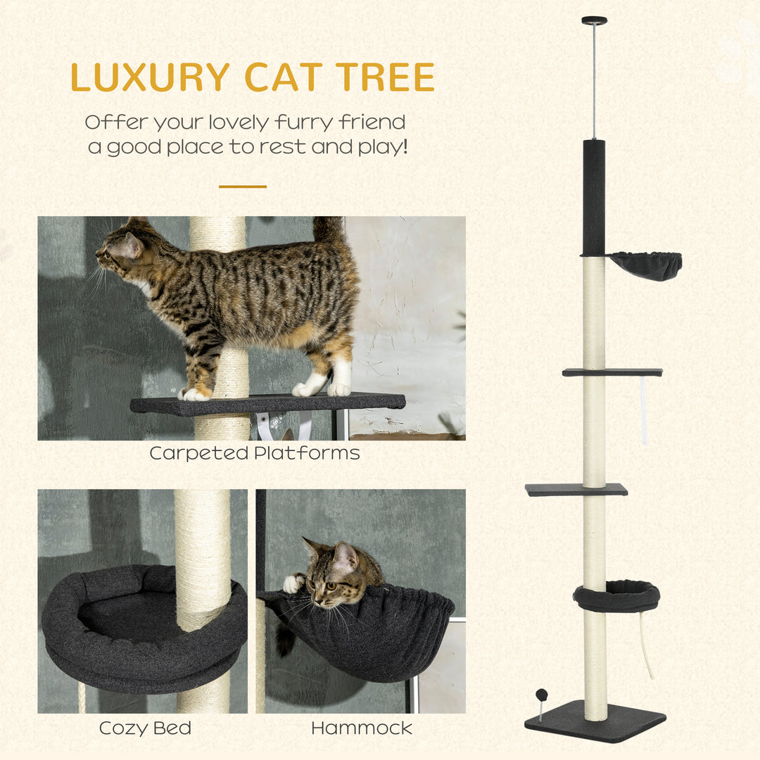 PawHut 5-Tier Cat Tree, Adjustable Height Floor to Ceiling Tower, Multi-Level Climber with Scratching Posts, Black | Aosom UK