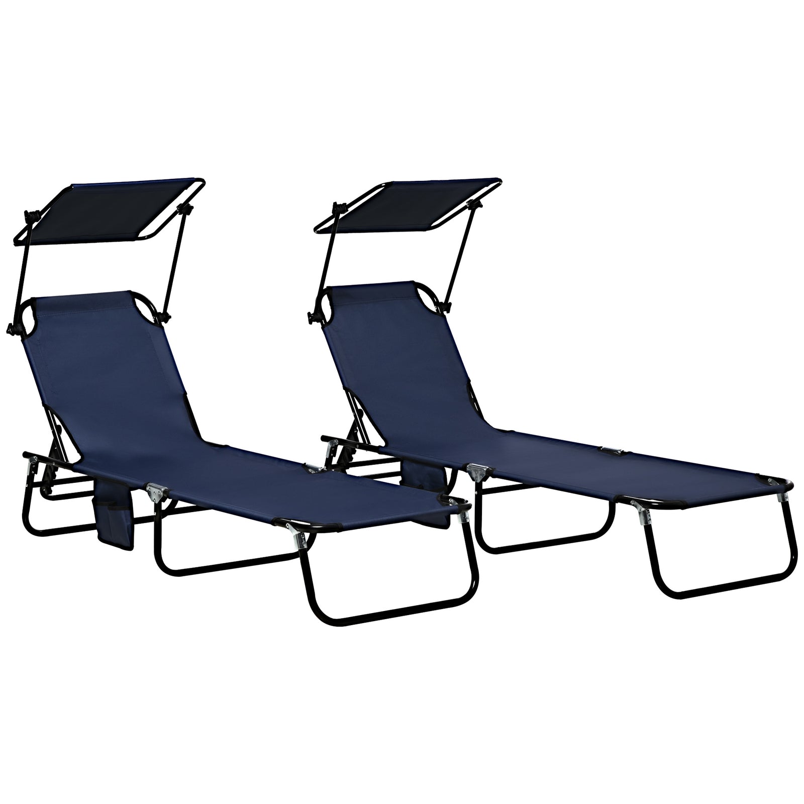 Set of Two Folding Sun Loungers, with Adjustable Backs and Sun Canopies - Dark Blue