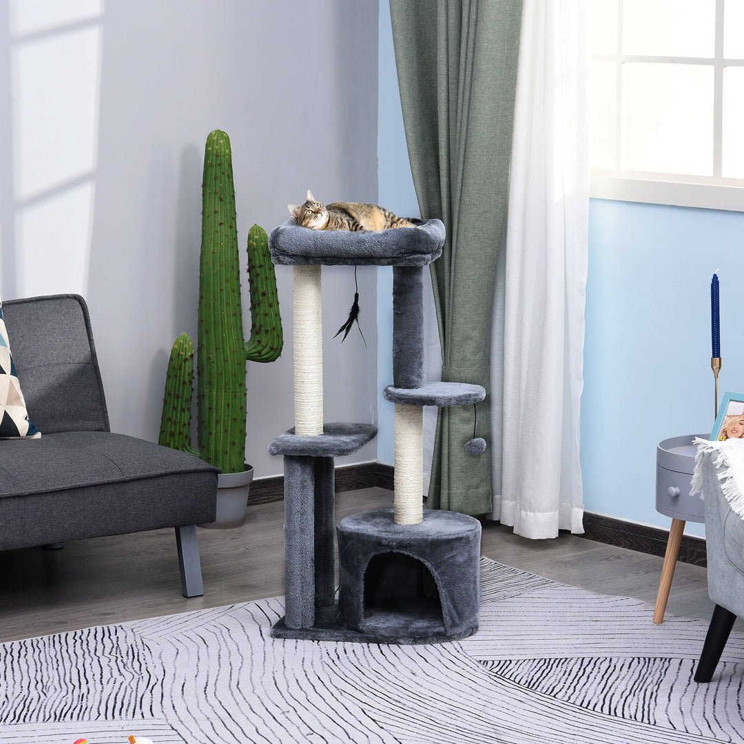 100cm Cat Tree for Indoor Cats, Cat Tower Condo for Kittens with Cat House Sisal Scratching Posts, Hanging Ball Toys, Perches - Grey