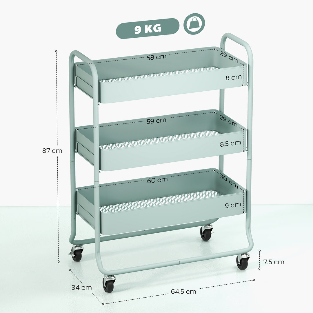 3-Tier Storage Trolley on Wheels, Rolling Utility Cart with Mesh Backets for Kitchen, Bathroom, Bedroom