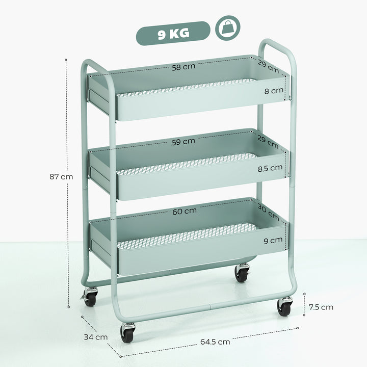 3-Tier Storage Trolley on Wheels, Rolling Utility Cart with Mesh Backets for Kitchen, Bathroom, Bedroom