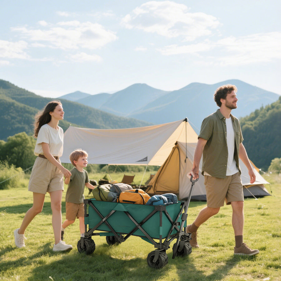 140L Festival Trolley on Wheels, Folding Camping Trolley Cart with Telescopic Handle, Big Wheels for Outdoor Garden Beach Fishing, Green