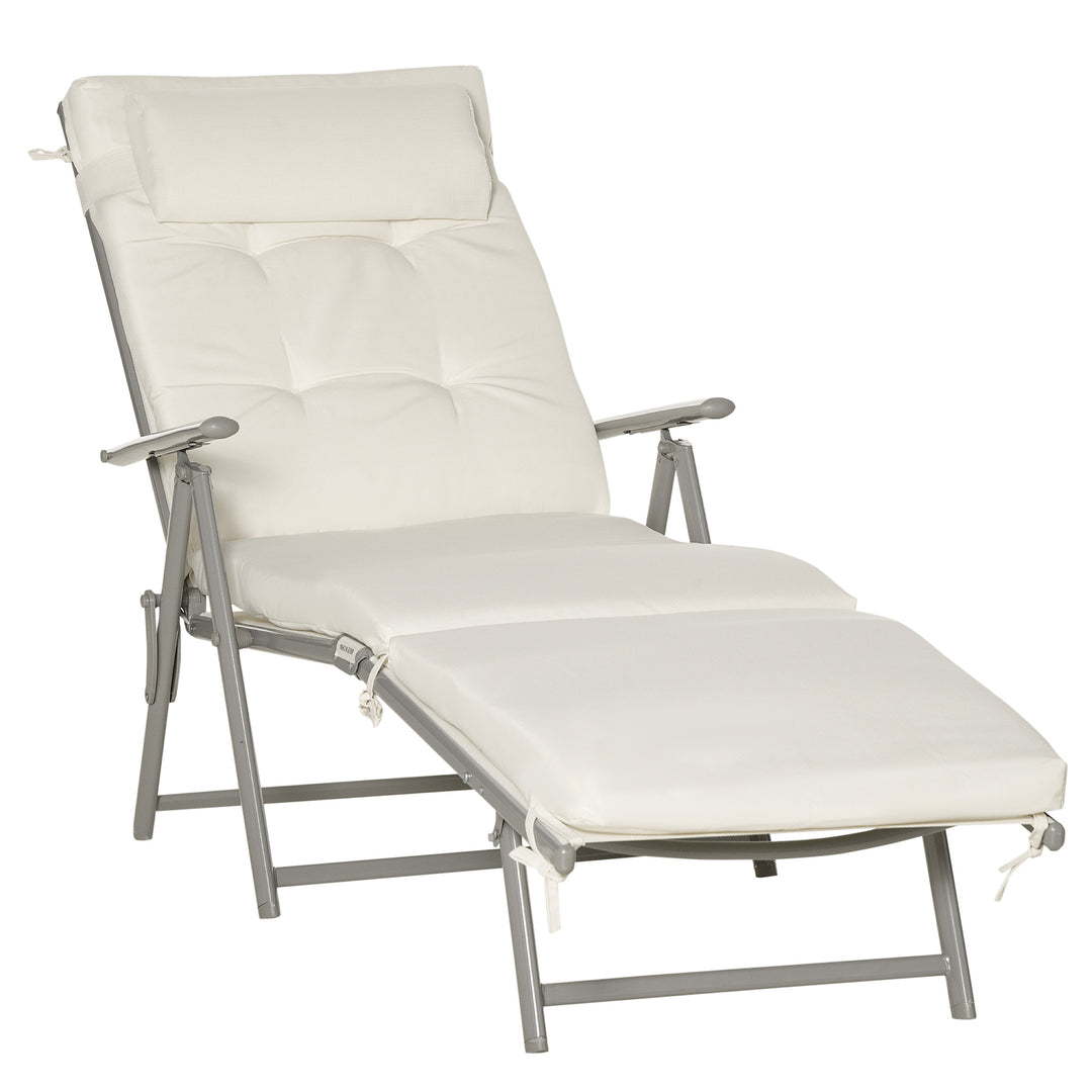 MCL Sun Lounger Steel Frame Outdoor Folding Chaise Texteline Lounge Chair Recliner with Headrest & 7 Levels Adjustable Backrest, Cream White