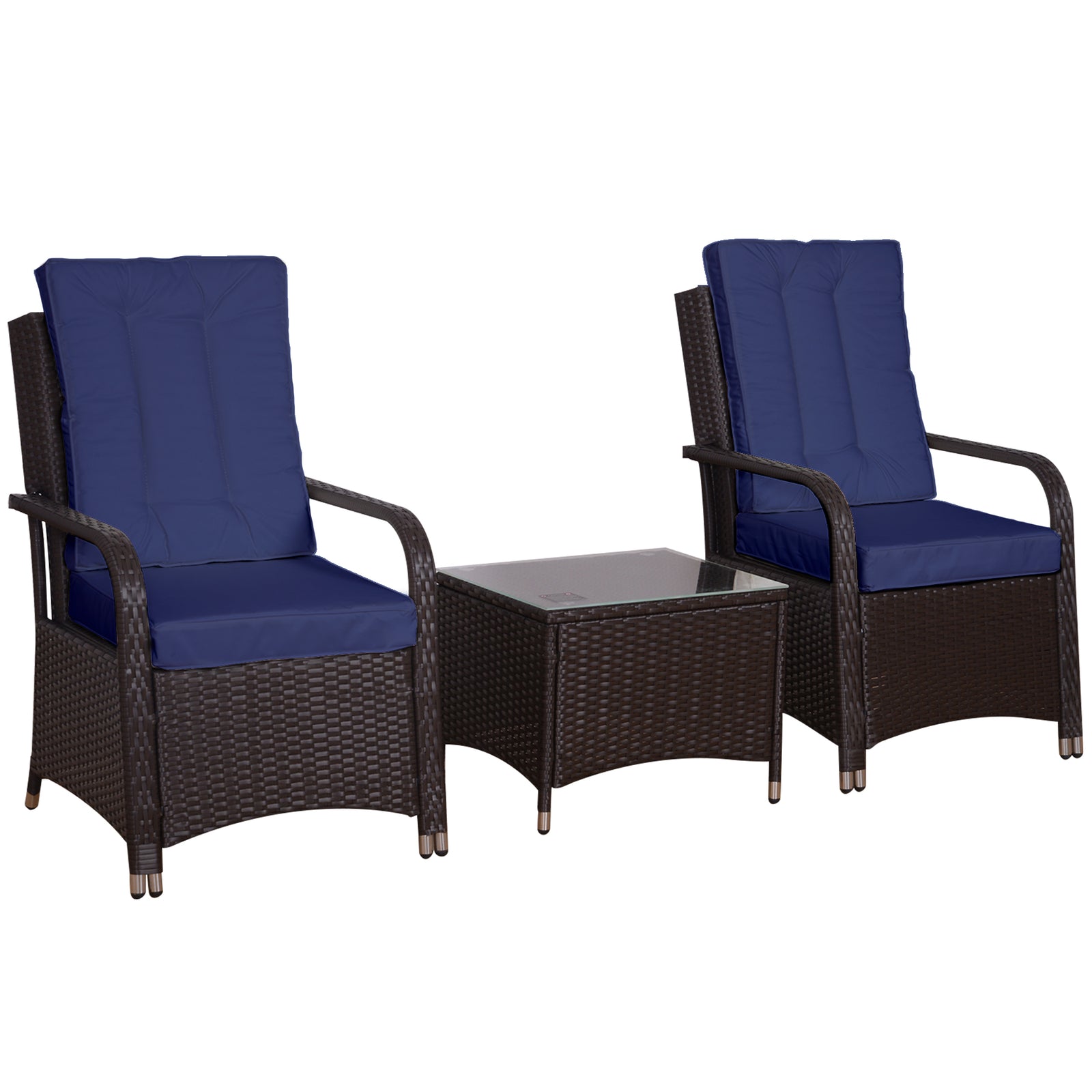 3 Pieces Rattan Bistro Set with Furniture Cover, Wicker Garden Furniture Set, Glass Top Coffee Table and Chairs with Cushions for Outdoor, Patio, Balcony, Dark Blue