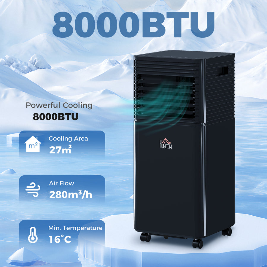 8000 BTU 4-In-1 Portable Air Conditioner Unit Cooling Dehumidifying Ventilating for Room up to 27m², with Fan, Remote, 24H Timer, Window Mount Kit, R290, A Energy Efficiency