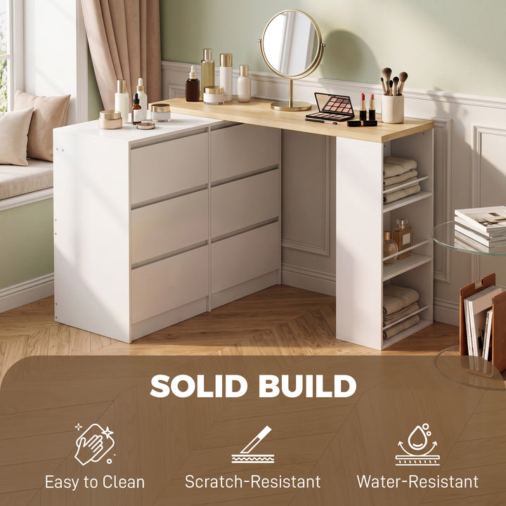Vanity Table, Dressing Table with 6 Drawers and 3-Tier Shelf for Women