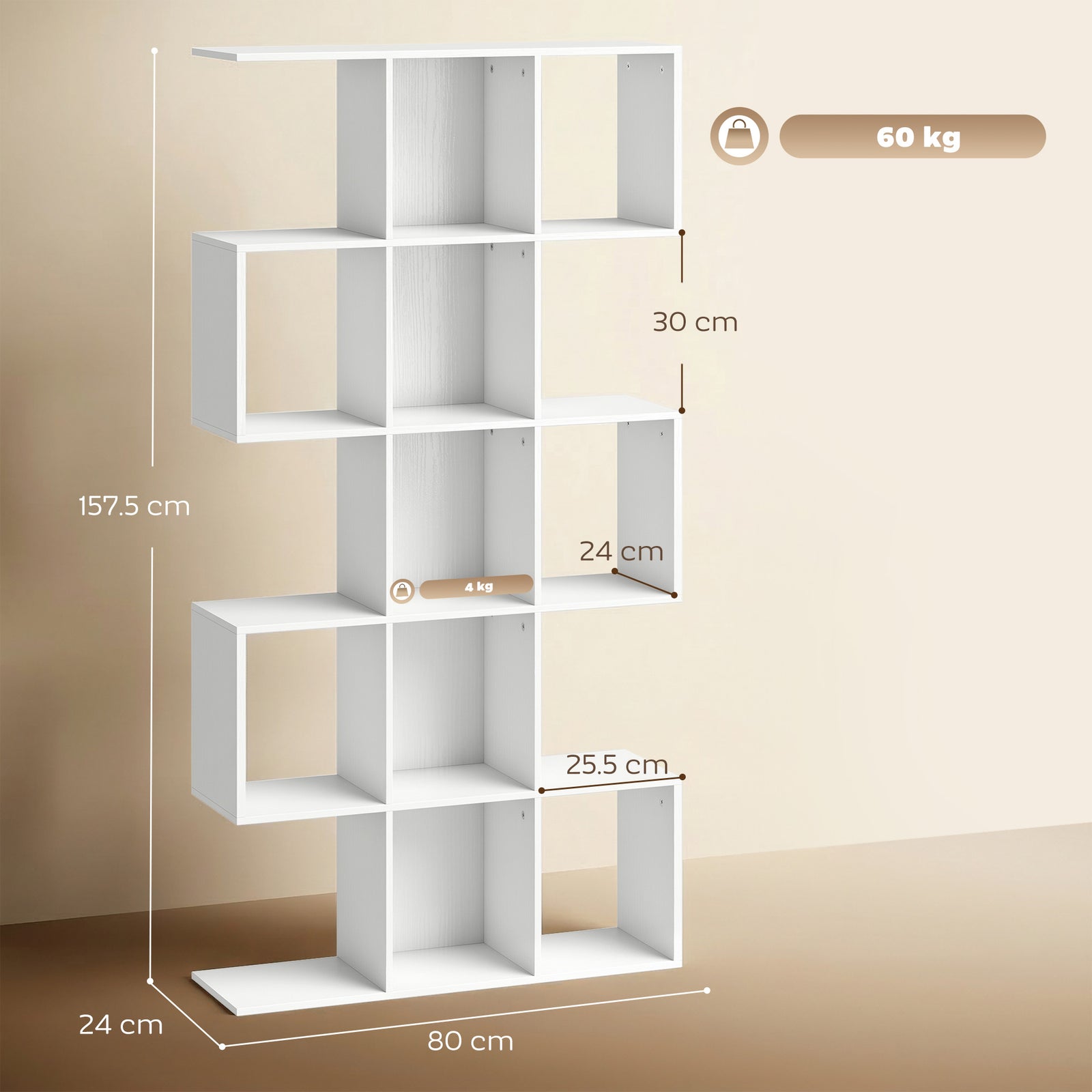 5-Tier Bookshelf, S Shaped Geometric Bookcase with 15 Compartments, Wh