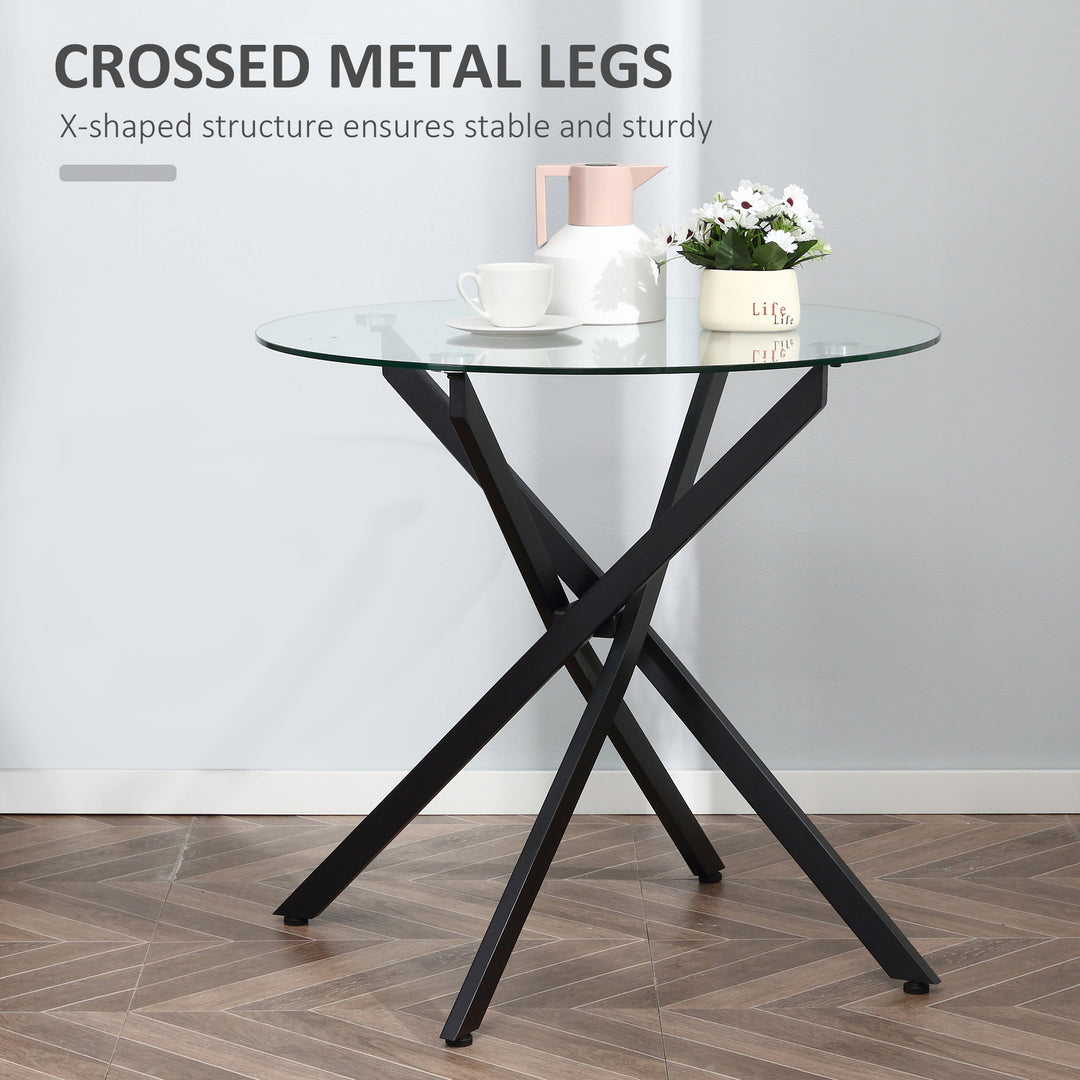 HOMCOM Side Table with Clear Tempered Glass Top, Round Table with Metal Legs, Modern Dining Table Furniture for Dining Living Room, Black | Aosom UK