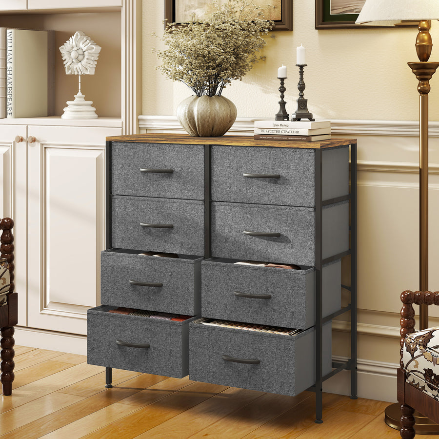Fabric Chest of Drawers, Industrial Bedroom Dresser with 8 Fabric Drawers, Steel Frame and Wooden Top for Nursery, Living Room, Hallway, Rustic Brown and Grey
