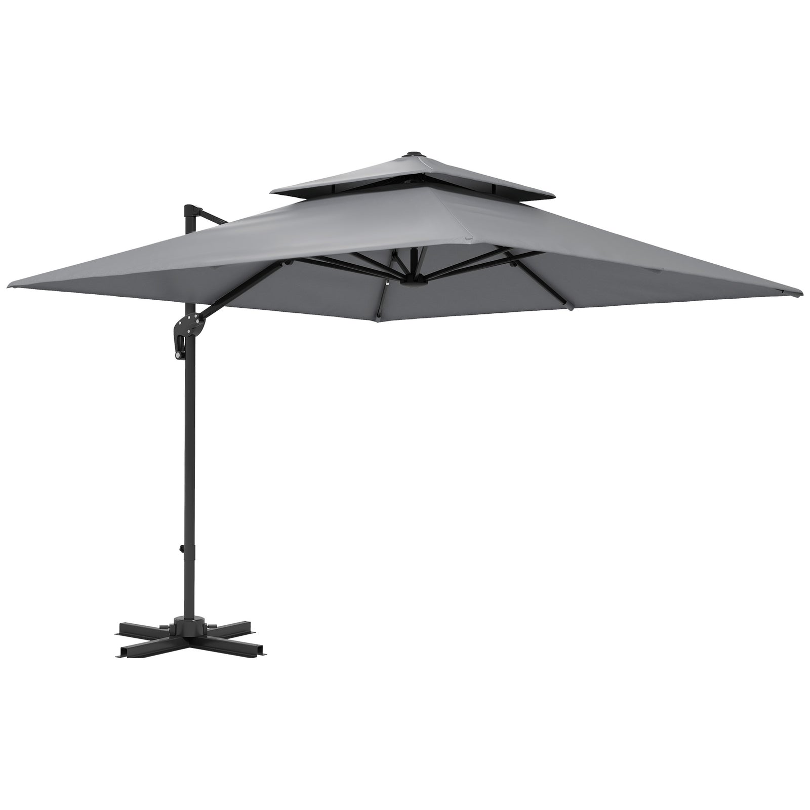 3 x 3(m) Cantilever Parasol with Aluminium Frame, Crank and Tilt, 360-Degree Rotation, Double Top Garden Umbrella with Cover (Only Cross Base), Light Grey