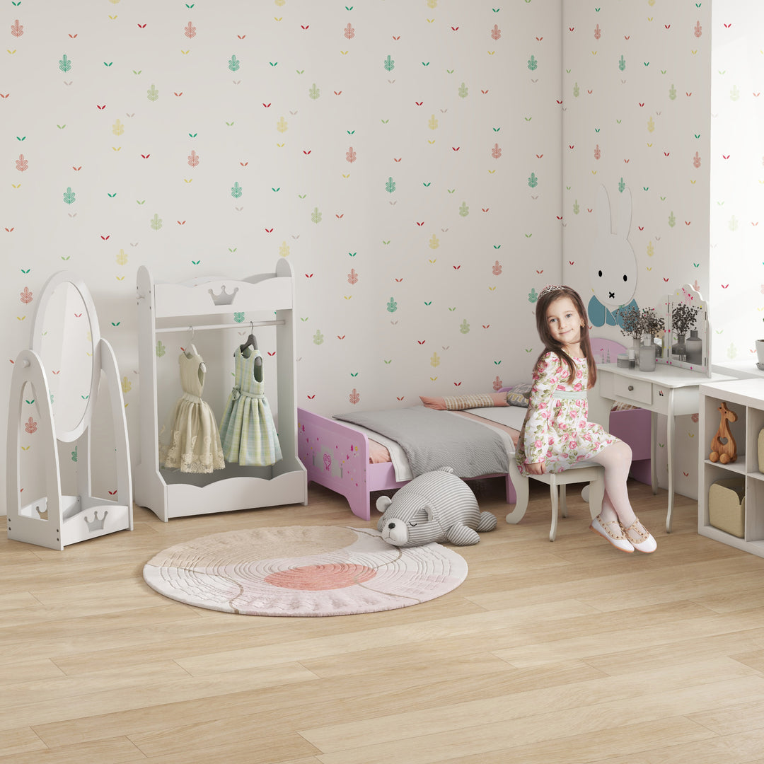 Kids Vanity Table and Chair Set with Tri-Folding Mirror and Stool, Makeup Dressing Table with Drawer, White