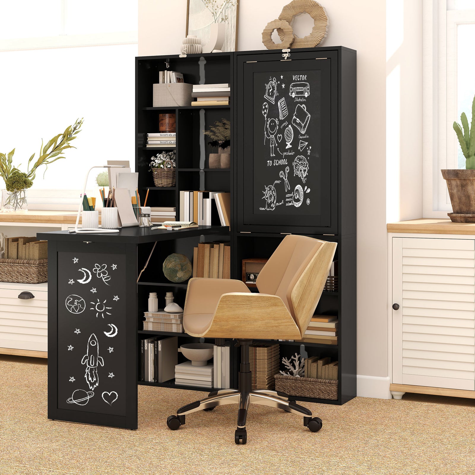 Three-Part Work Desk, with Storage and Chalkboard - Black