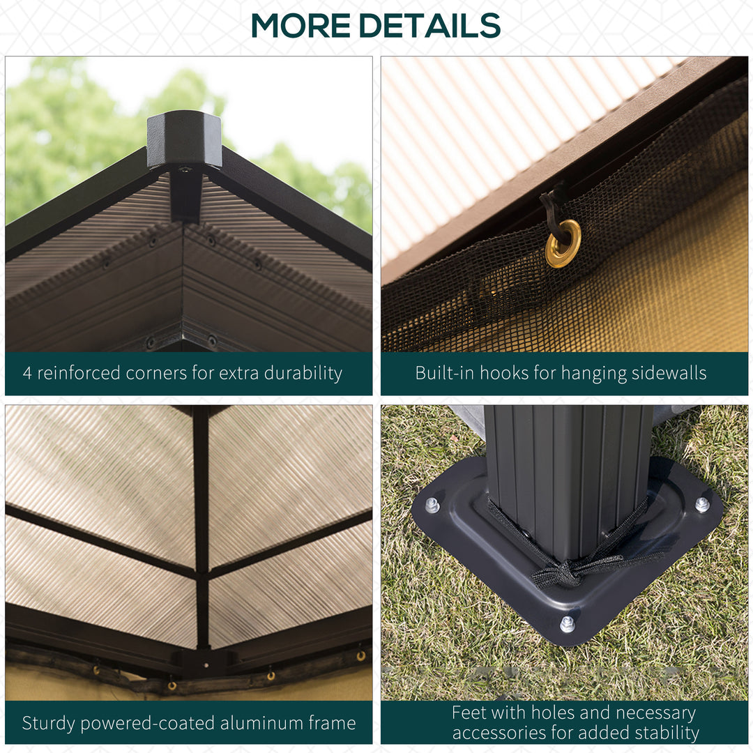 3 x 3.6(m) Hardtop Gazebo Canopy with Polycarbonate Roof and Aluminium Frame, Garden Pavilion with Mosquito Netting and Curtains, Brown