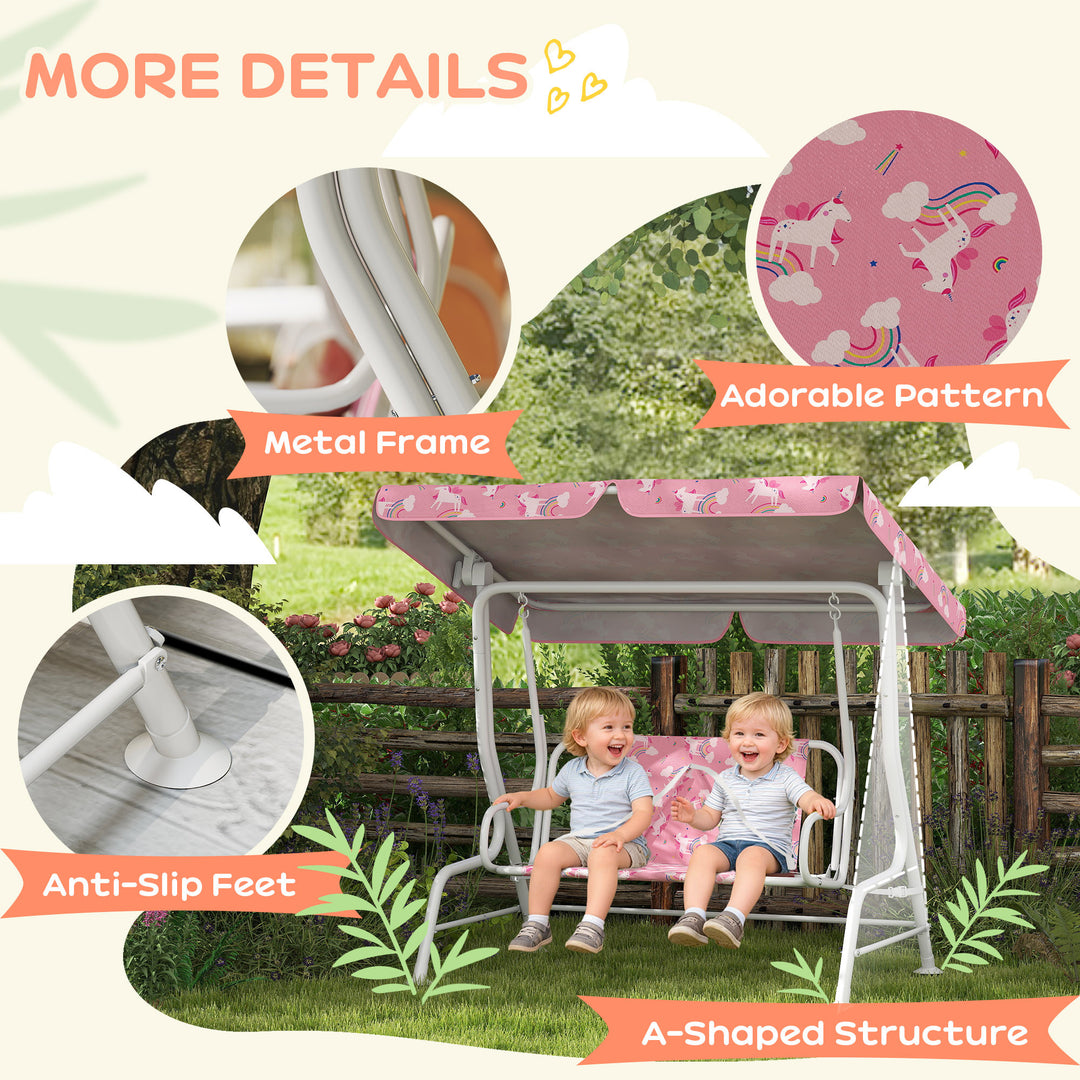 Kids Porch Swing, 2-Seater Patio Swing Bench Hammock with Seat Belts, Adjustable Canopy for Garden - Pink