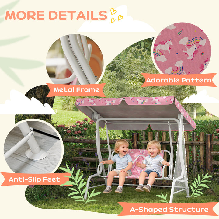 Kids Porch Swing, 2-Seater Patio Swing Bench Hammock with Seat Belts, Adjustable Canopy for Garden - Pink