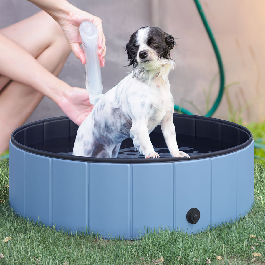 Dog Paddling Pool, Foldable Dog Pool, Leakproof & Hard Plastic, Portable Pet Bathtub with Non-Slip Base & Drainage Hole, for Indoors, Outdoors, Garden, Patio, 100 x 30 cm, Blue