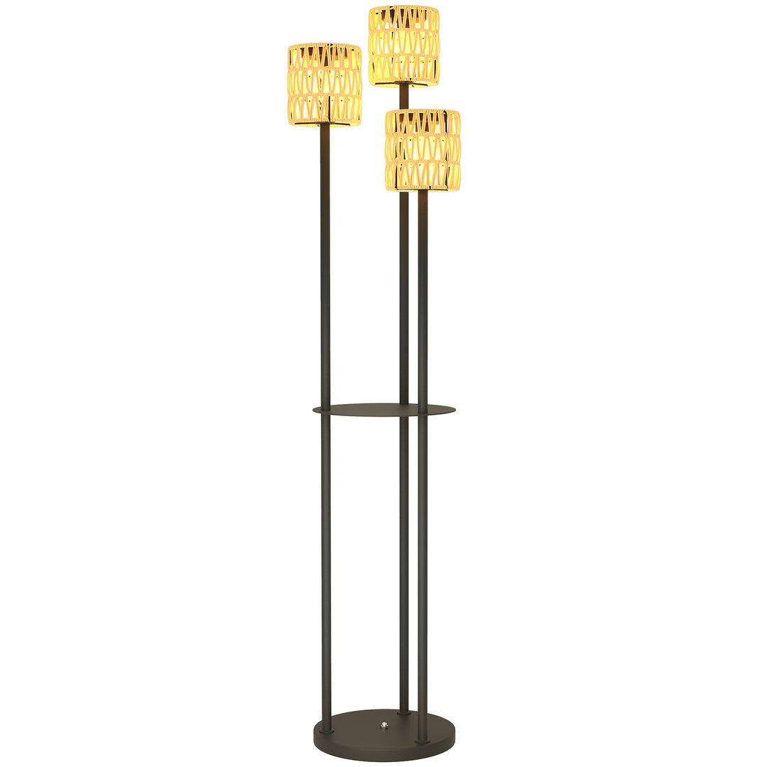 Boho Rattan Floor Lamp, 3-Lights Rattan Lamp with Shelf, Freestanding Solar Garden Light with Auto On/Off Lights, IP44 Waterproof for Porch, Pathway, Deck, Yellow