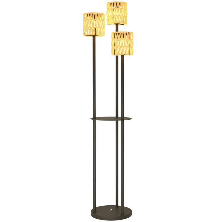 Boho Rattan Floor Lamp, 3-Lights Rattan Lamp with Shelf, Freestanding Solar Garden Light with Auto On/Off Lights, IP44 Waterproof for Porch, Pathway, Deck, Yellow