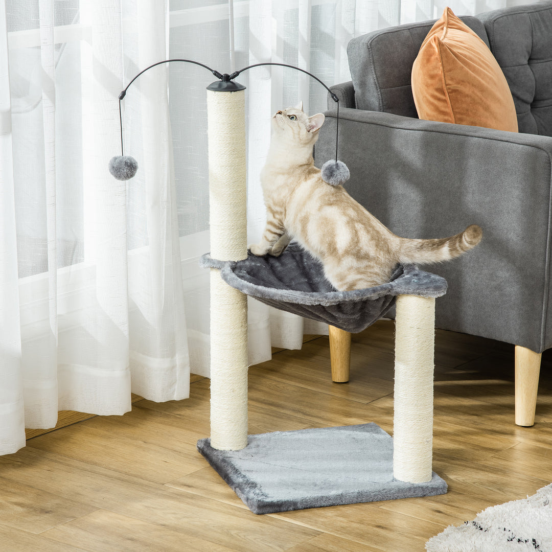 PawHut 83cm Cat Tree Tower with Sisal Scratching Post Hammock Interactive Ball Toy Kitten Play House Activity Center Furniture Grey | Aosom UK